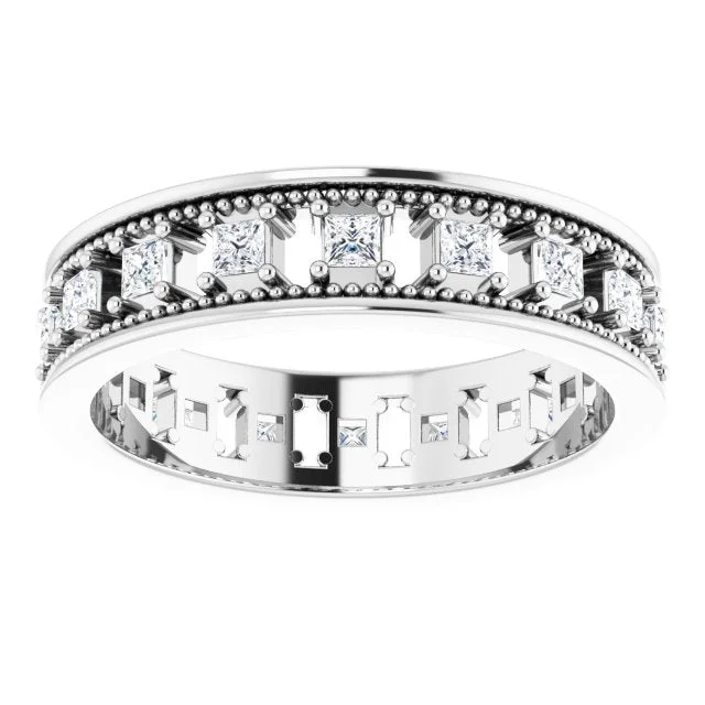 modern wedding rings for women-Vintage Style 0.54 ct. Princess Diamond Milgrain Accent Eternity Band