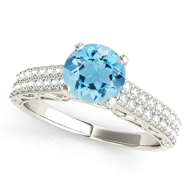 geometric rings for women-1.10 ct. Genuine Aquamarine Ring with 0.35 ctw. Double Row Diamond Band