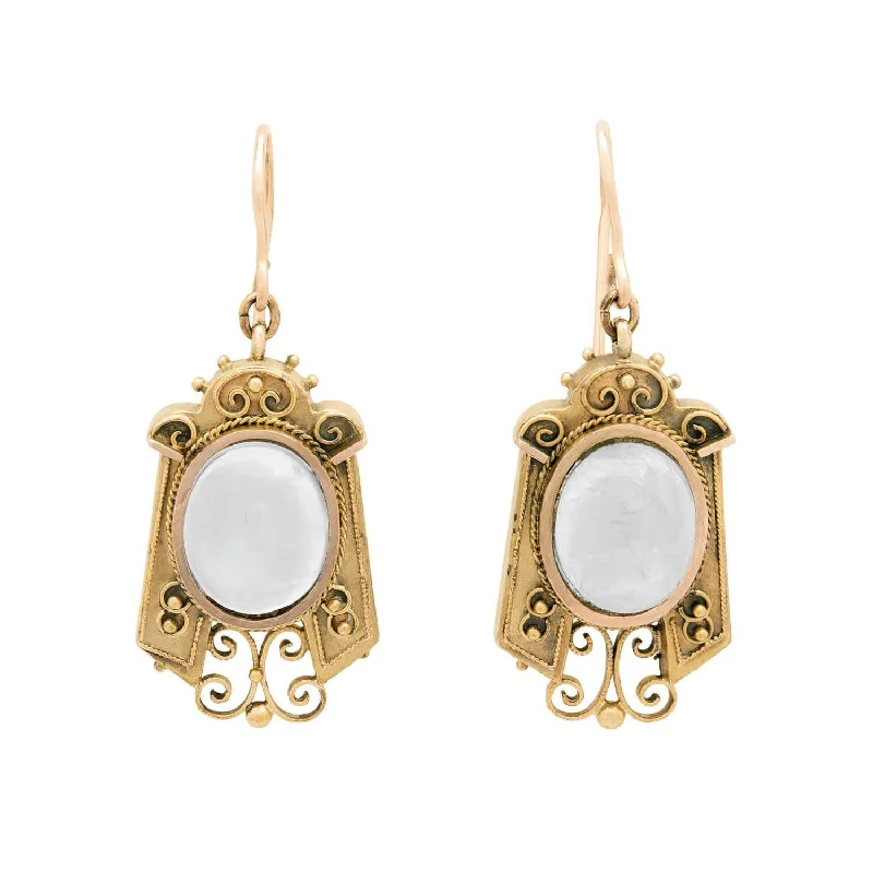 gold-plated earrings for women-Victorian 14k Moonstone Etruscan Earrings