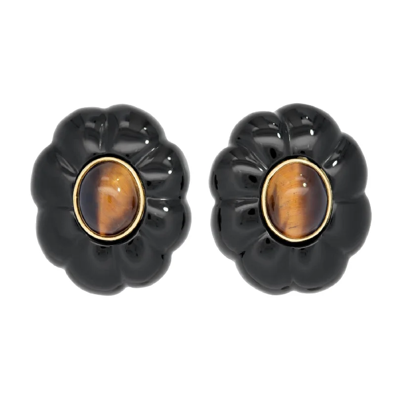 silver earrings for women-Retro 14k Onyx and Tiger's Eye Flower Earrings