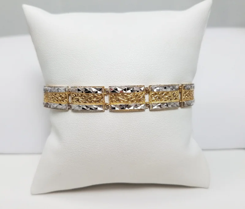 elegant bangles for women-Intricate 7" 10k Two Tone Gold Diamond Cut Link Bracelet