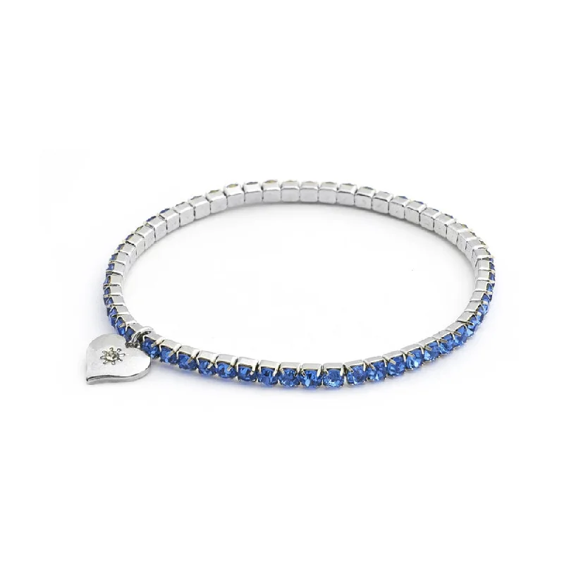 romantic bangles for women-Diamante Stretch Blue Bracelet Rhodium Plating