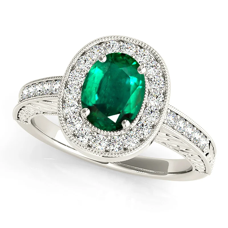 multi-stone rings for women-2.00 ct. Genuine Oval Emerald Ring With Halo,Milgrain And Filigree Diamond Band