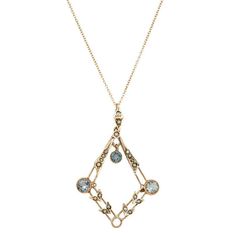 timeless necklaces for women-Vintage 9ct Rose Gold Aquamarine & Seed Pearl Pendant