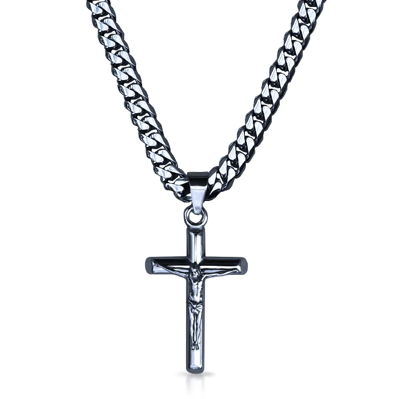 silver-plated necklaces for women-Pro Crucifix Pendant Pendant With 6mm Cuban Link Chain Necklace - Stainless Steel