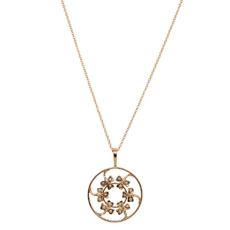 crystal necklaces for women-Vintage 9ct Rose Gold Seed Pearl Clover Pendant