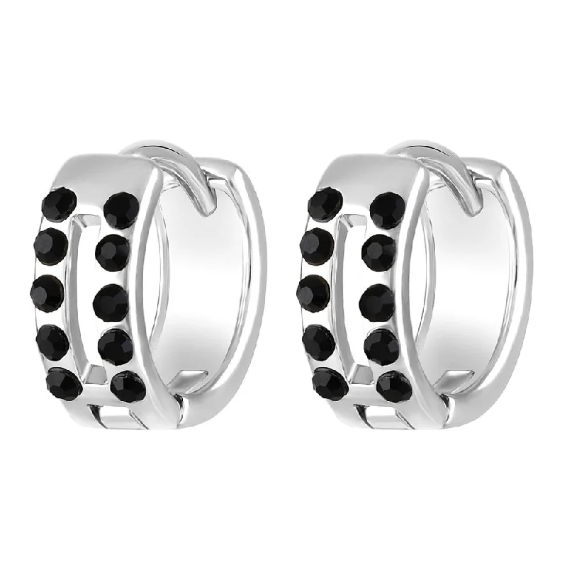 bridal earrings for women-Mahi Rhodium Plated Double Line Black Crystals Hoop Bali Piercing Mens Earrings (ER1109838RMen)