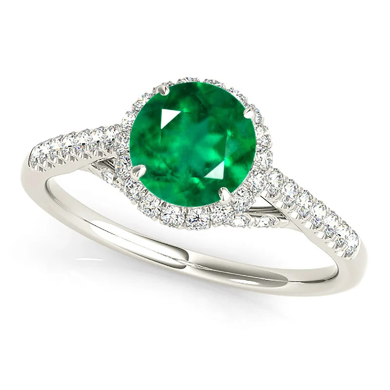 stylish wedding rings for women-1.15 ct. Genuine Emerald Ring With Halo And Fancy Diamond Band