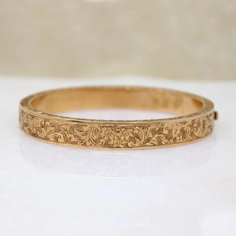 gold bangles for women-Elaborately Hand Engraved Gold Bangle Bracelet