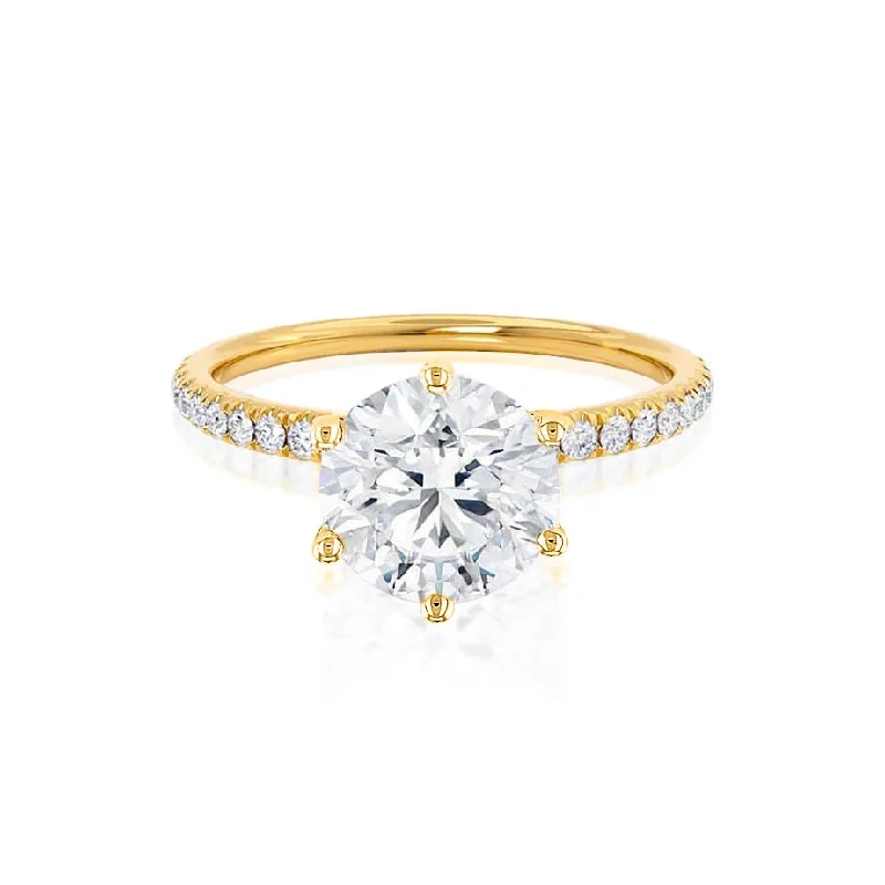 intricate gold engagement rings for women-LILLIE LUXE - Round Lab Diamond & Diamond 18k Yellow Gold Shoulder Set Ring