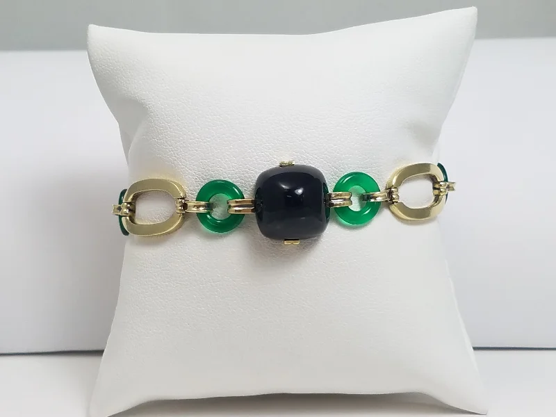 fashion-forward bangles for women-Vintage Art Deco 7" Solid 14k Yellow Gold Natural Onyx & Chrysoprase Bracelet