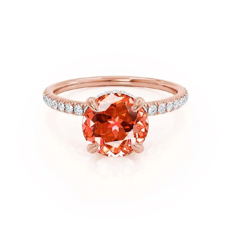 yellow gold engagement rings for women-LIVELY - Chatham® Round Padparadscha 18k Rose Gold Petite Hidden Halo Pavé Shoulder Set Ring