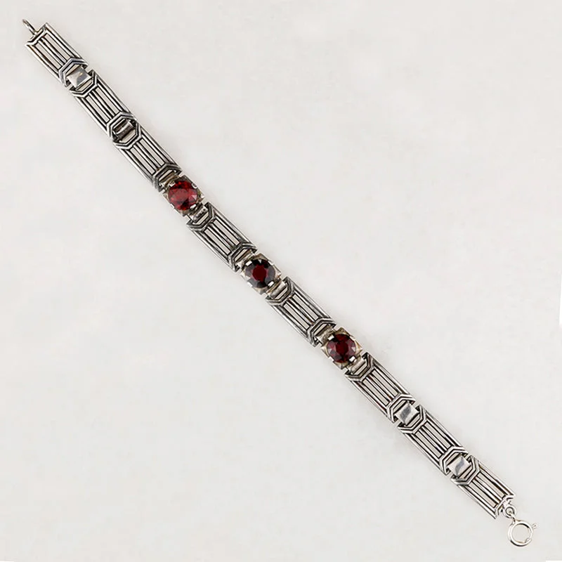 wedding bracelet sets for women-Architectural Art Deco Garnet & Sterling Bracelet