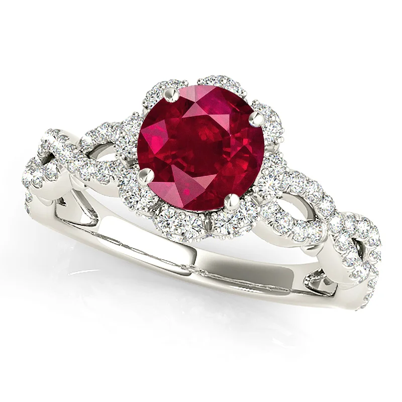 vintage-inspired rings for women-1.35 ct. Genuine Ruby Ring With Floral Halo And Open Braid Diamond Band