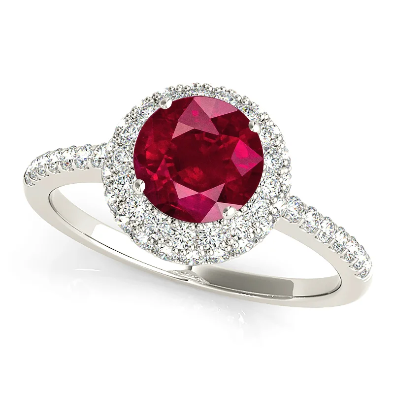 platinum wedding bands for women-1.35 ct. Genuine Ruby Ring With Halo And Delicate Diamond Band