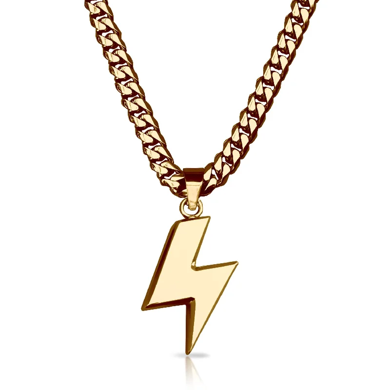 hand-beaded necklaces for women-Pro Lightning Bolt Pendant With 6mm Cuban Link Chain Necklace - 14K Gold Plated Stainless Steel