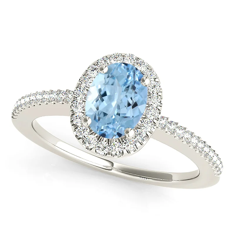 adjustable rings for women-1.00 ct. Genuine Oval Aquamarine Ring With Halo and Delicate Diamond Band