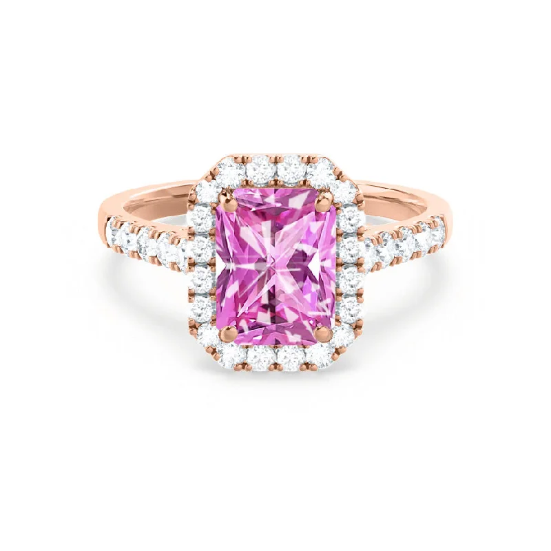 pear-cut engagement rings for women-ESME - Chatham® Radiant Lab-Grown Pink Sapphire & Diamond 18k Rose Gold Halo