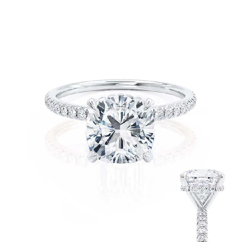 luxury engagement rings for brides-LIVELY - Cushion Moissanite & Diamond Platinum Hidden Halo Micro Pavé Shoulder Set