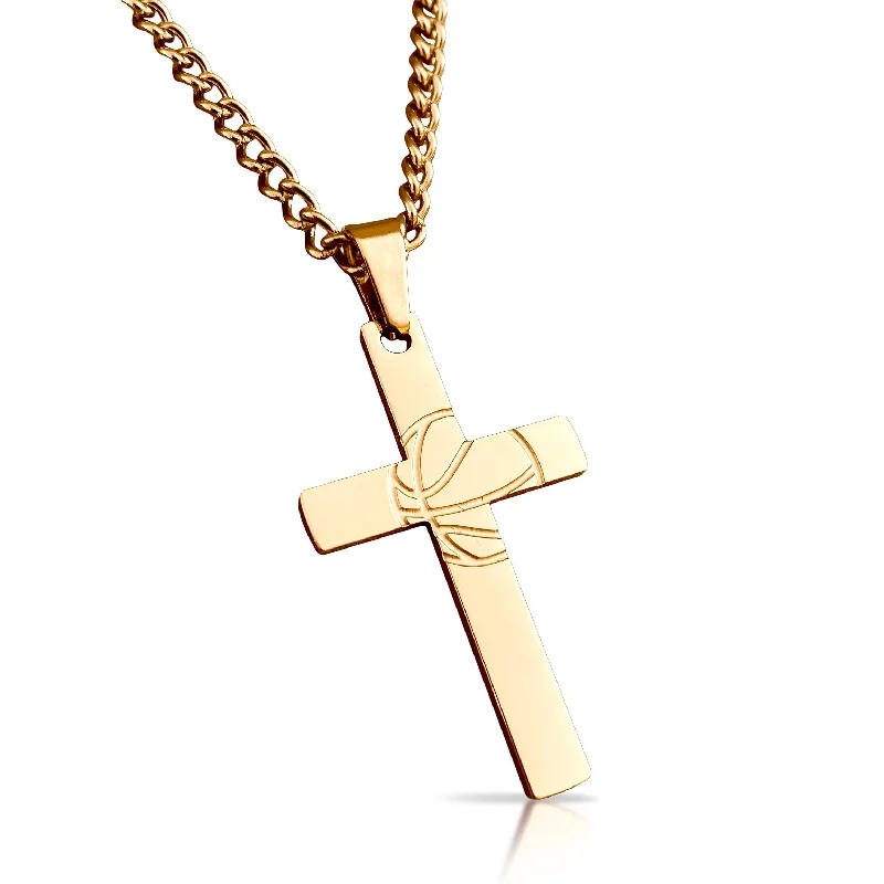 luxurious gold necklaces for women-Basketball Cross Pendant With Chain Necklace - 14K Gold Plated Stainless Steel