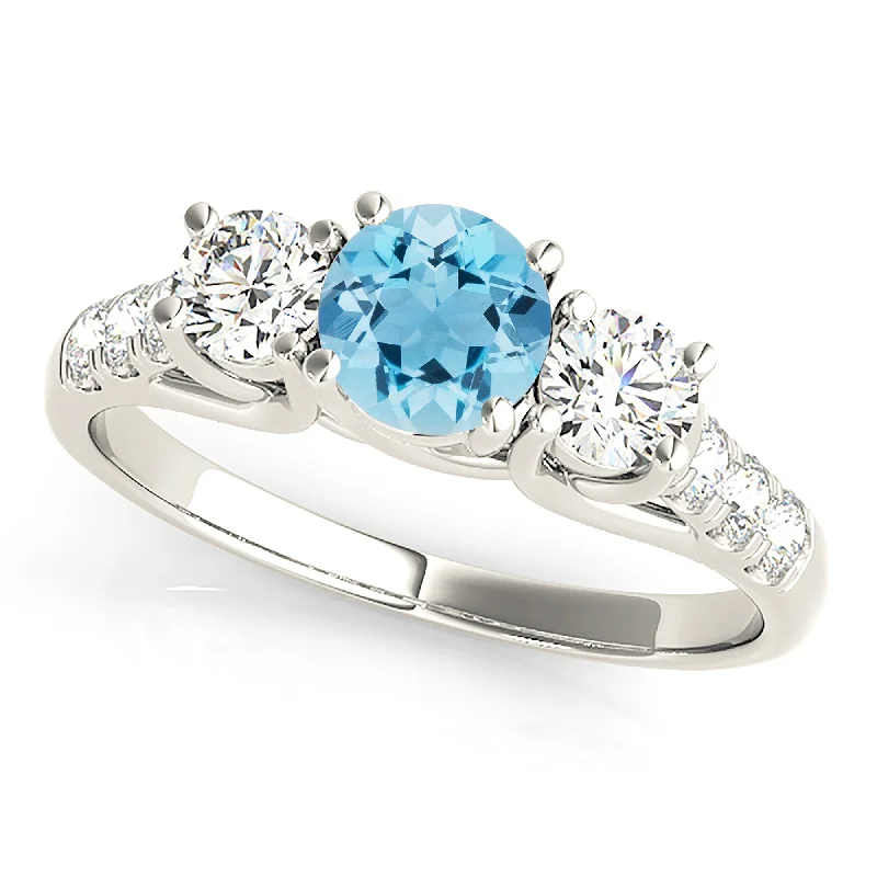 contemporary rings for women-1.10 ct. Genuine Aquamarine Three Stone Ring with Side Diamonds