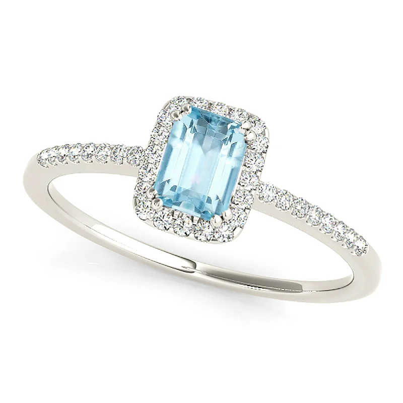 chic rings for women-0.65 ct. Genuine Emerald Cut Aquamarine Ring With Halo