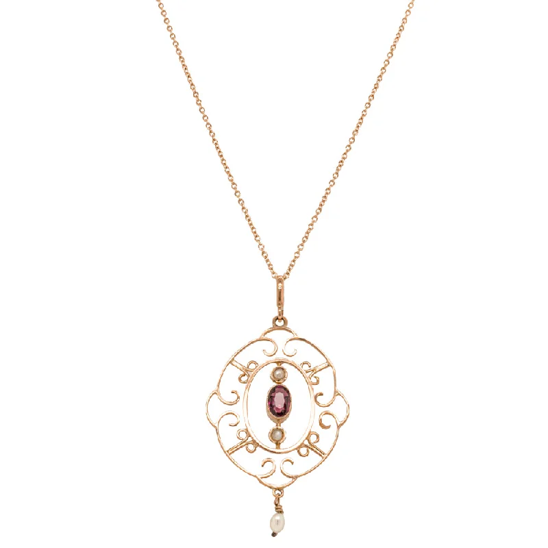 birthstone necklaces for women-Vintage 9ct Yellow Gold Garnet & Pearl Pendant