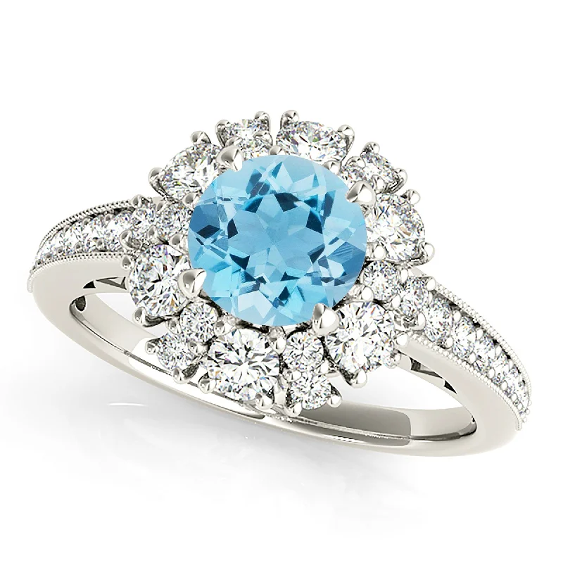 modern engagement rings for women-1.75 ct. Genuine Aquamarine Ring With Fancy Halo And delicate Diamond Band