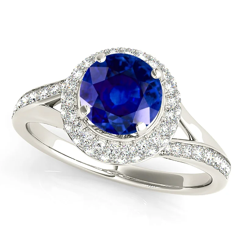 luxurious wedding rings for women-1.35 ct. Genuine Blue Sapphire Split Shank Beautiful Pave Set Halo Ring