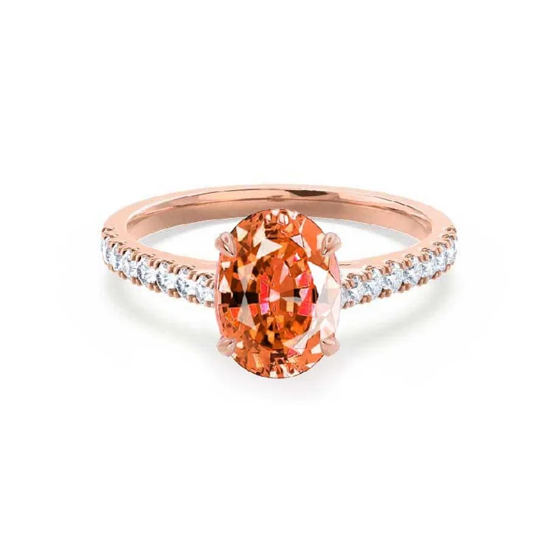 colorful engagement rings for women-VIOLA - Chatham® Padparadscha Oval & Diamond 18k Rose Gold Shoulder Set Ring