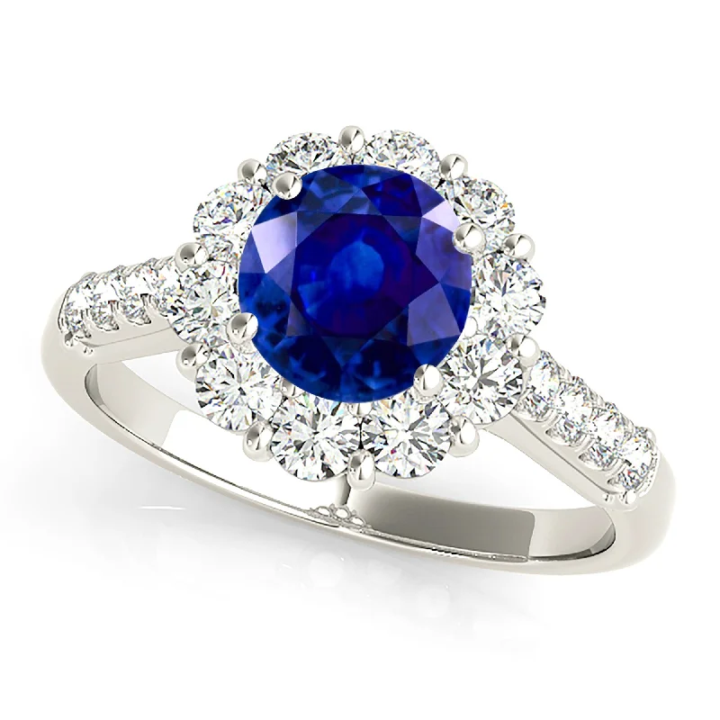 geometric rings for women-1.80 ct. Genuine Blue Sapphire Halo Ring with 1.00 ctw. Side Diamonds