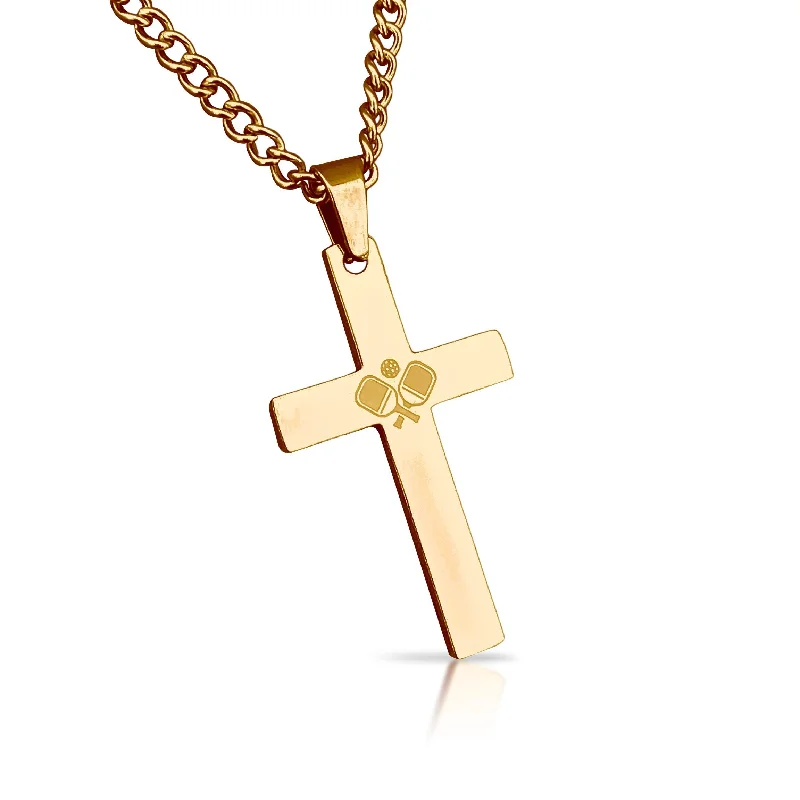 elegant crystal necklaces for women-Pickleball Cross Pendant With Chain Necklace - 14K Gold Plated Stainless Steel