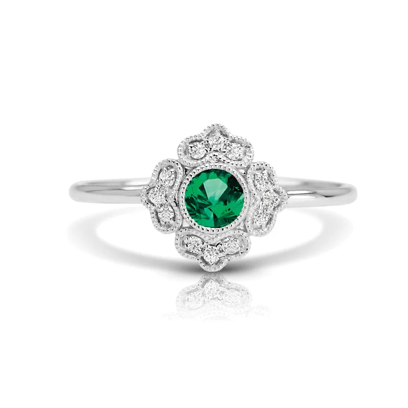 elegant wedding rings for women-Vintage Inspired Natural Emerald Ring With Diamonds