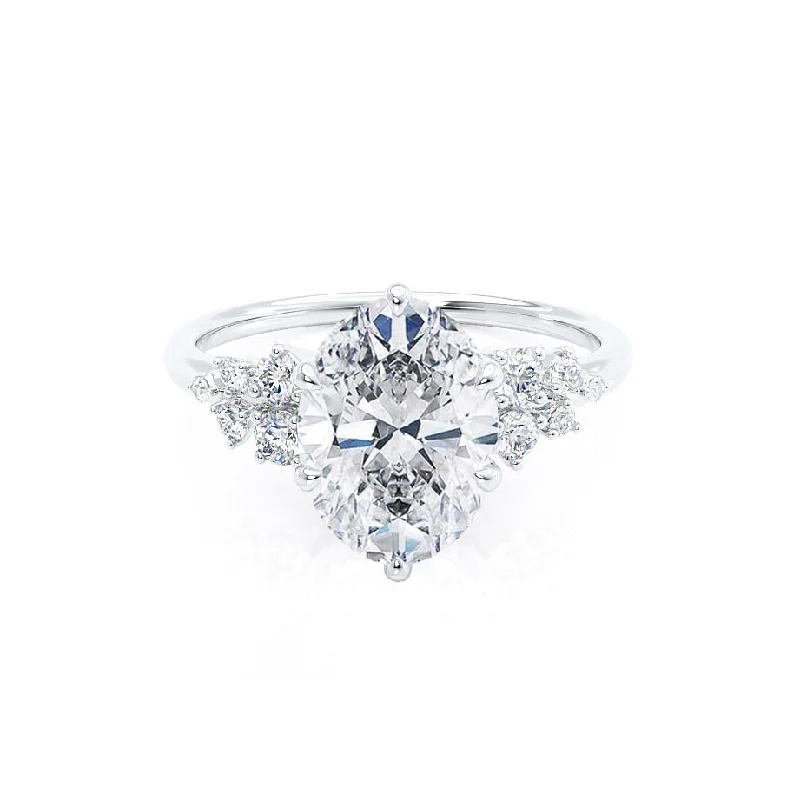 unique diamond engagement rings for women-ALYA - Oval Diamond Starburst Cluster Shoulder Set 18k White Gold Engagement Ring