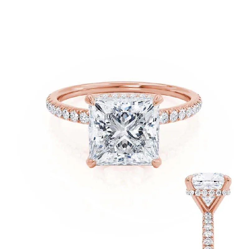 engagement rings for women-LIVELY - Princess Moissanite & Diamond 18k Rose Gold Hidden Halo Micro Pavé Shoulder Set