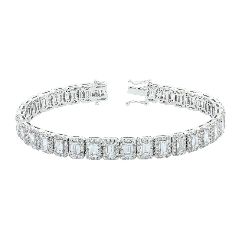 statement cuff bracelets for women-Emerald Cut Diamond Halo Gold Bracelet