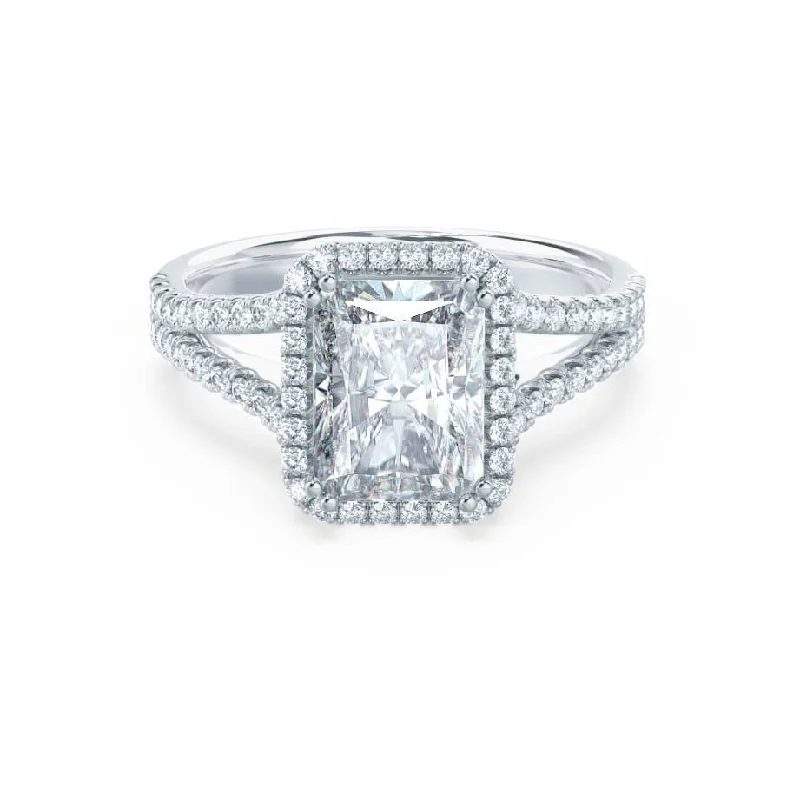 custom-designed engagement rings for women-EVERLY - Radiant Lab Diamond Platinum Split Shank Halo