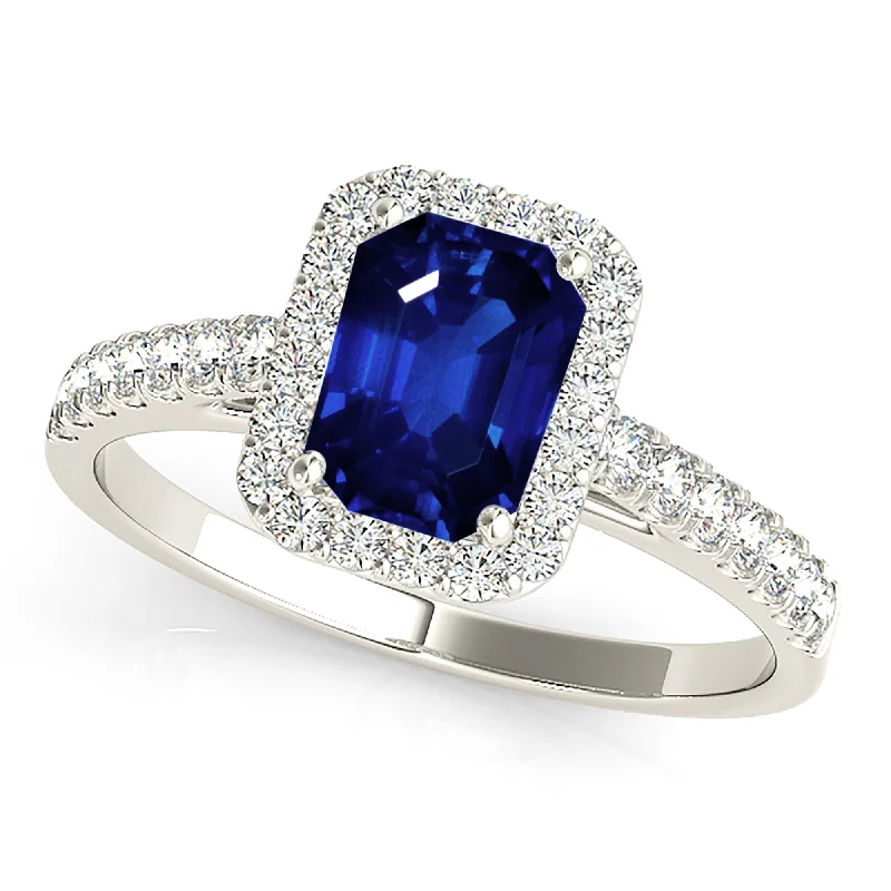 wedding ring sets for women-1.15 ct. Genuine Blue Emerald Cut Sapphire Ring With Halo Style