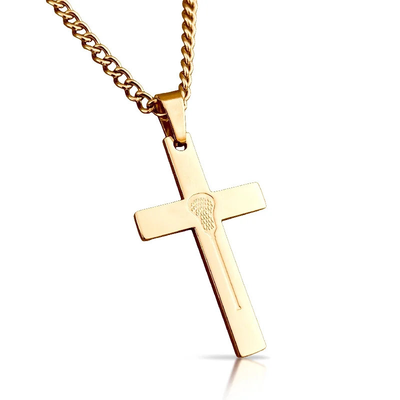 wedding necklaces for women-Lacrosse Cross Pendant With Chain Necklace - 14K Gold Plated Stainless Steel