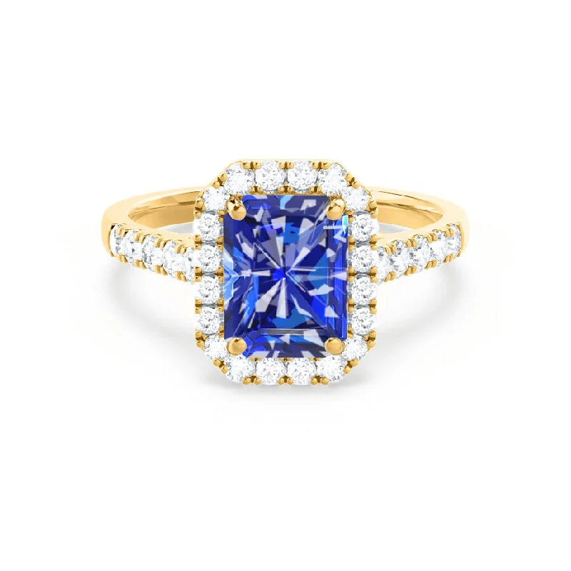 simple engagement rings for women-ESME - Chatham® Radiant Lab-Grown Blue Sapphire & Diamond 18k Yellow Gold Halo