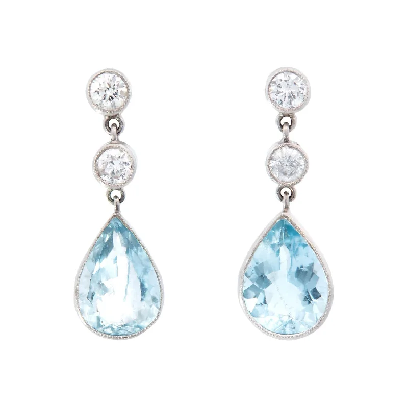 bold earrings for women-Retro Platinum Aquamarine and Diamond Dangle Earrings