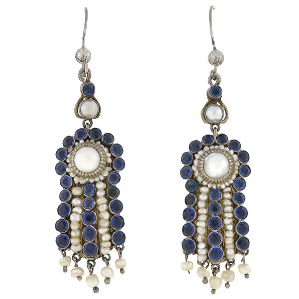 chic earrings for women-Arts & Crafts Era Austro-Hungarian Sterling Pearl & Faux Sapphire Earrings