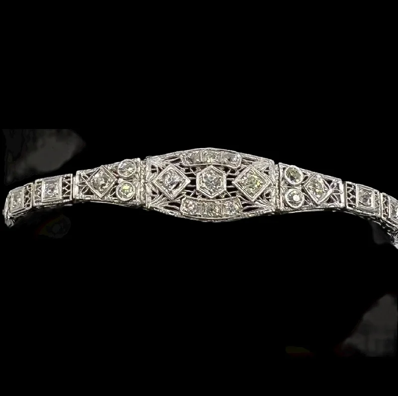 fancy wedding bangles for women-1930s Art Deco Filigree Diamond White Gold Bracelet