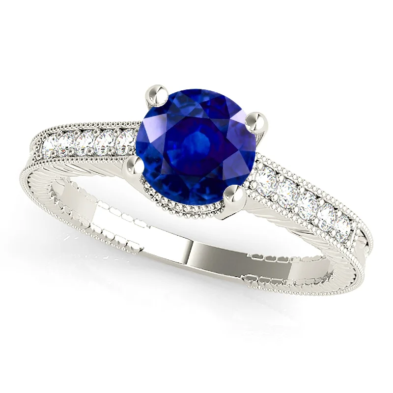 dainty rings for women-1.80 ct. Genuine Blue Sapphire Milgrain Vintage Ring