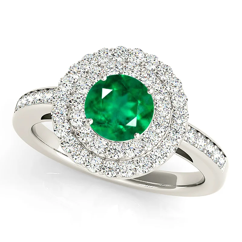 gold rings for women-1.15 ct. Genuine Emerald Ring With Double Halo And Delicate Diamond Band